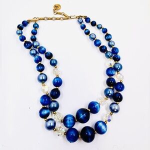 LISNER Vintage Gold Tone Double Strand Royal Blue & AB Beaded Necklace 14-17”